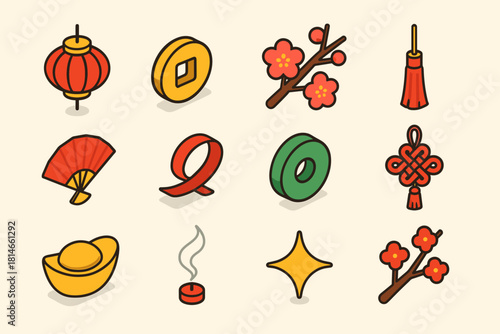 Chinese New Year Icons. Chinese New Year Festive Ornaments flat icons set. red lantern, golden coin, cherry twig, tassel string, paper fan, ribbon swirl, jade bead, fortune knot