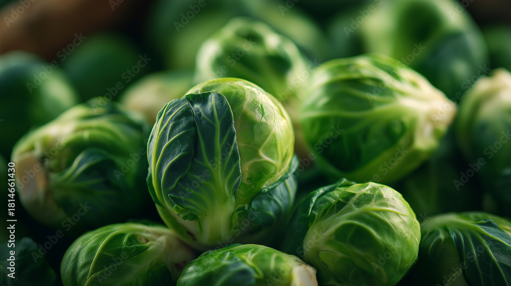 Fototapeta premium vibrant green Brussels sprouts with tight leafy structure, soft top lighting,
