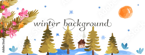 Watercolor vector background with winter forest and snowflakes.