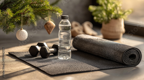 A yoga mat sits ready for exercise near a Christmas tree. Dumbbells and a water bottle complete the fitness scene in a brightly lit, cozy interior