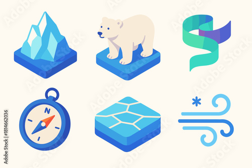 Arctic Icon Serenity. Arctic Serenity flat icons set. iceberg, polar bear, aurora ribbon, frozen sea, compass, cold breeze