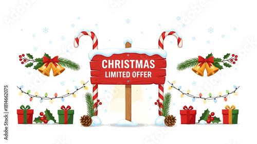 Festive Christmas Limited Offer: a charming wooden sign bearing the Christmas Limited Offer message, adorned with festive elements such as candy canes, lights, gift box, bells, and ornaments.