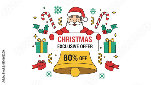 Christmas Exclusive Offer: A festive illustration announces a special seasonal deal featuring Santa Claus holding a banner. Including elements such as candy canes, bells, gifts, ribbons.