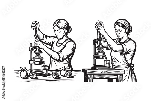 Woman juicing citrus fruit with vintage press