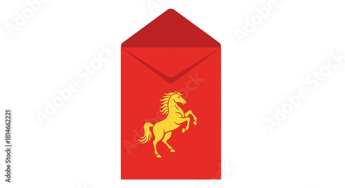 Red envelope with a gold horse rearing up on its hind legs