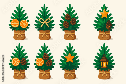 Rustic Tree Icon Set. Rustic Mini Tree Arrangement flat icons set. burlap base, pine sprigs, dried oranges, twine bow, pinecones, wooden star, lantern, soft glow