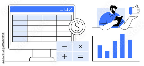 Computer screen with spreadsheet, calculator, currency icon, person using tablet, and bar chart. Ideal for accounting, finance, data analysis, budgeting business success teamwork and simple flat