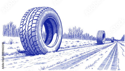 Vintage sketch of tires on asphalt in blue ink  