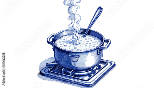 Vintage sketch of steaming porridge in pot on stove  