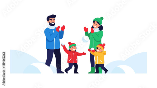 Winter Wonderland Family Fun: A cheerful family bundled up in warm winter wear, immersed in a playful snowball fight amidst a snowy landscape, showcasing the joy of togetherness.