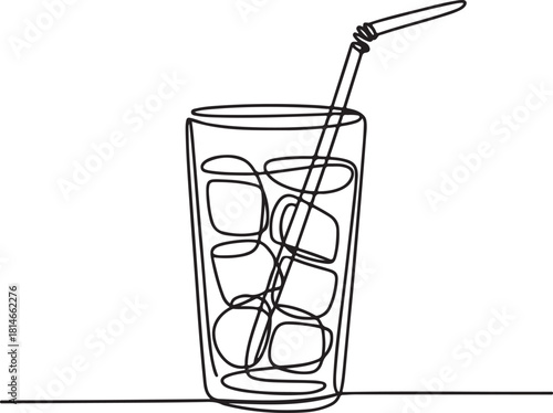 Continuous line art illustration of tall glass filled with ice and straw using handmade contour