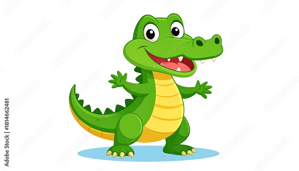 Fototapeta premium Cheerful cartoon alligator with open arms and a toothy grin stands on a light blue surface, isolated on white