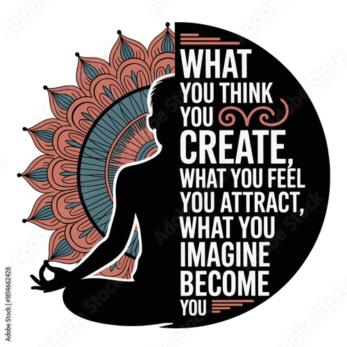 Silhouette of person meditating with inspirational quote and mandala meditation yoga