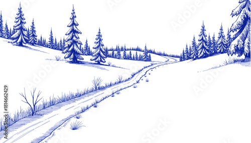 Vintage sketch in blue ink of an empty ski trail in winter  