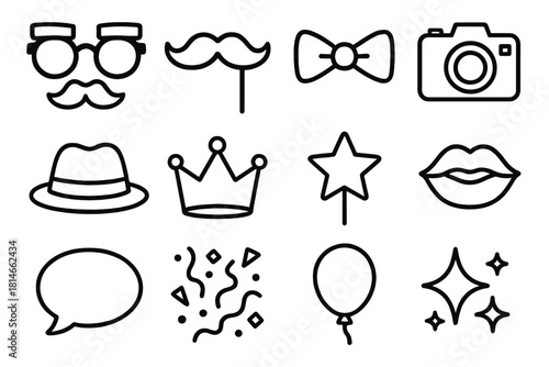 Party Icon Set. Celebration Booth Set linear icon set: fake glasses, mustache stick, bow tie, camera, hat, crown, star prop, lips, speech bubble, confetti, balloon, sparkle dust