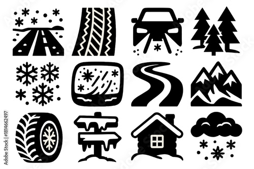 Bold Winter Icons. Winter Drive silhouette icon set : snowy road, tire tracks, car headlights, pine trees, snowflakes, frosted windshield, winding path, mountain backdrop, icy tire