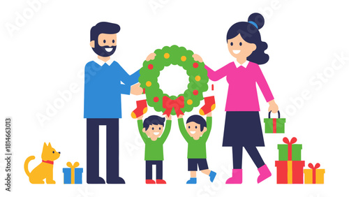 Holiday Gathering: A loving family, joined by their pet, finds joy in adorning their home with festive decorations, embodying the spirit of togetherness and warmth.