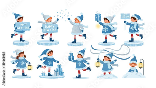 Winter Elves' Festive Frolic: A whimsical gathering of elves celebrates the New Year, each figure exuding a spirit of joyous festivity, interacting with gifts and joyful snow.