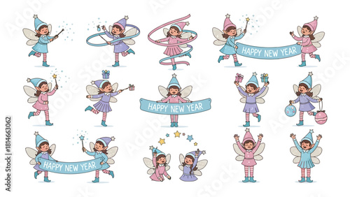 Whimsical New Year Fairies: A collection of delightful fairies in vibrant attire, each celebrating the New Year with enchanting gestures and joyful expressions.