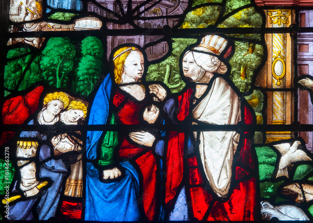 Fototapeta premium Stained glass (19th century) of Visitation of the Virgin Mary to her pregnant cousin Elizabeth.