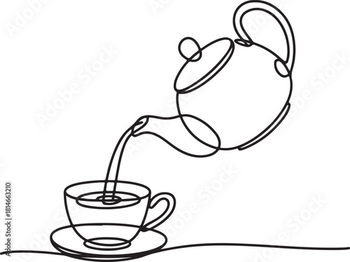 Continuous line art illustration of teapot pouring into teacup with handmade contour