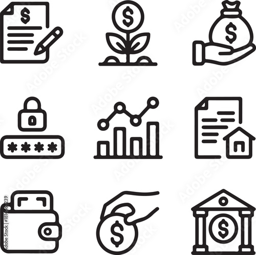 Set of outline icons related to payment methods. Linear icon collection.
