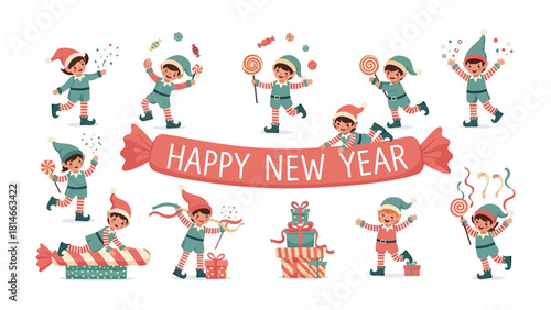 Playful Elves: A whimsical illustration captures a group of joyful elves frolicking in a festive scene, celebrating the New Year. With vibrant colors and animated energy.