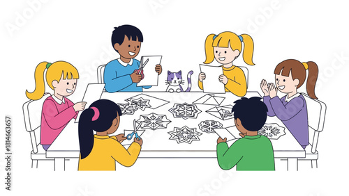 Creative Crafts: Young children immerse themselves in an artistic endeavor, engrossed in crafting colorful paper snowflakes together, fostering creativity, fun, and a sense of shared accomplishment.