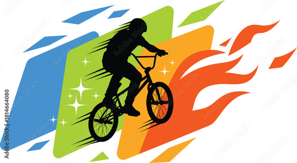 Fototapeta premium Black silhouette of a cyclist on a B M X bike with abstract colorful shapes, bmx, bicycle, cyclist, silhouette, black, bike, riding, extreme sport, action, speed, motion, dynamic, abstract, shapes, bl