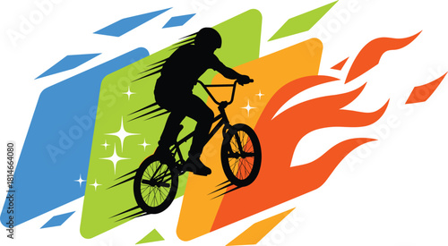 Black silhouette of a cyclist on a B M X bike with abstract colorful shapes, bmx, bicycle, cyclist, silhouette, black, bike, riding, extreme sport, action, speed, motion, dynamic, abstract, shapes, bl