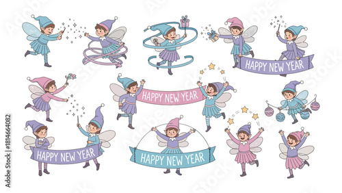 Magical Elves Celebrate the New Year: Playful illustrations of elves, with enchanting fairy wings and pointed hats, joyfully announce Happy New Year.