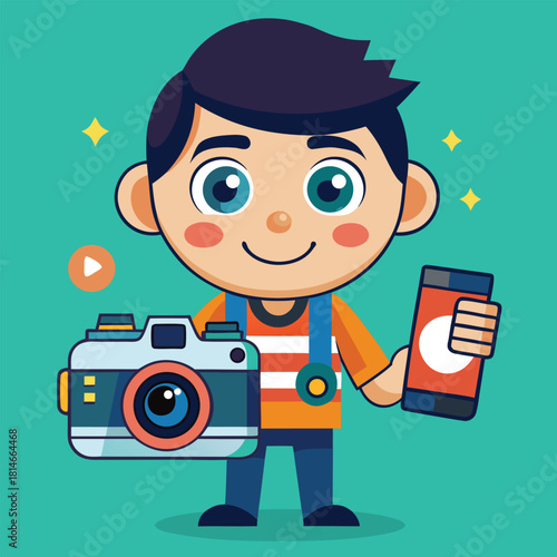 Young enthusiastic photographer holding a camera and smartphone ready to capture moments