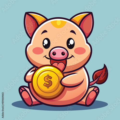 Adorable cartoon piglet happily holding a golden dollar coin symbolizing savings and wealth