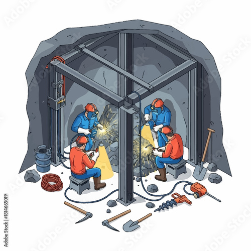 Workers welding metal structure inside underground construction site.