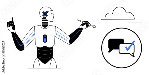 Futuristic humanoid robot using a stylus, surrounded by cloud icon and chat bubbles with a checkmark. Ideal for AI technology, automation, communication, innovation, creative design, cloud computing
