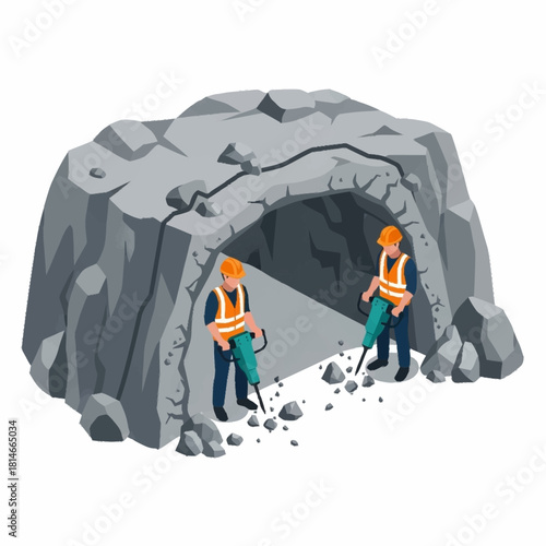 Miners working inside a rock cave with heavy duty equipment.