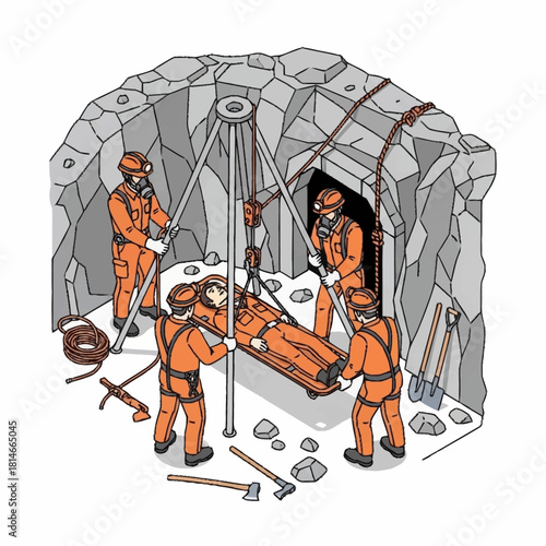 Rescue team extracting injured person from cave using specialized equipment.