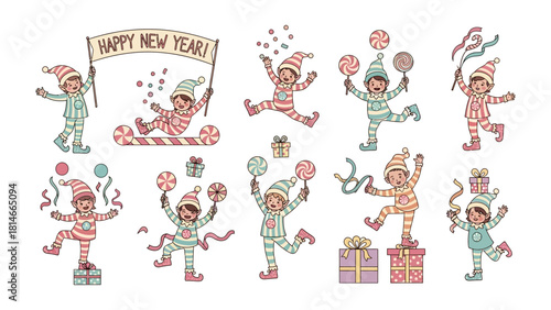 Whimsical New Year Elf Delight: A collection of cheerful elves engage in playful festivities, adorning festive attire, carrying festive gifts, embodying the joyful spirit of the new year.
