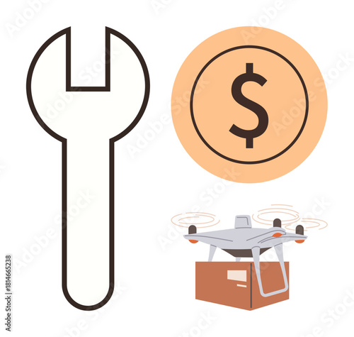 Wrench, dollar coin, and delivery quadcopter highlight cost-effective logistics, maintenance, and innovation. Ideal for technology, economy, delivery, sustainability automation logistics