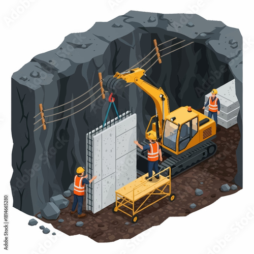 Construction workers installing concrete panels inside a tunnel with heavy machinery.