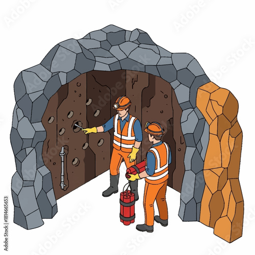 Miners Working in a Cave with Tools and Equipment.