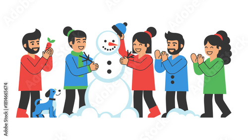 Joyful Snowman Creation: Friends and companions gather to build a cheerful snowman, laughter and togetherness fill the crisp winter air as they craft a symbol of winter fun.