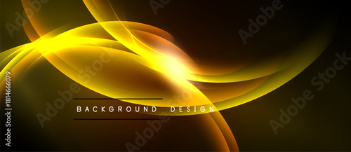 Abstract golden waves radiate from bright center. Dark background enhances luminous curves, creating dynamic visual effect.