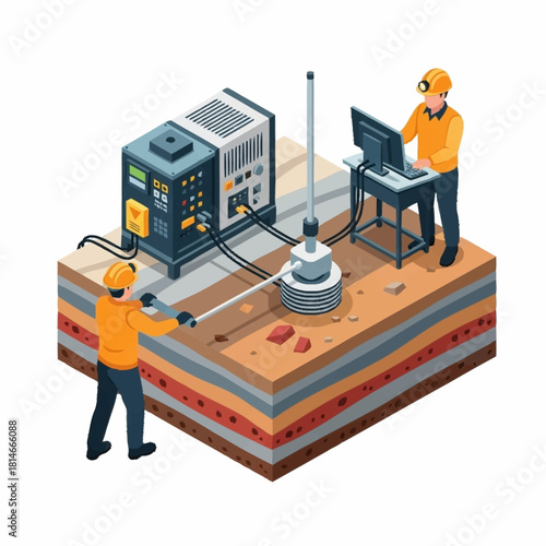 Geological Survey Equipment and Technicians Analyzing Data.