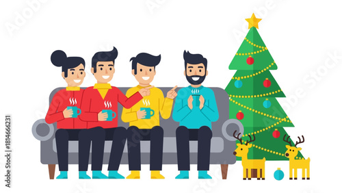 Festive Gathering: Friends enjoy holiday cheer in a cozy setting. Friends gather on a couch next to a decorated Christmas tree.