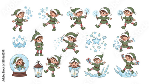 Whimsical Elf Collection: A charming compilation of elven characters, each exuding joy and enchantment, set against a backdrop of festive elements, inviting viewers into a world of magic and cheer.