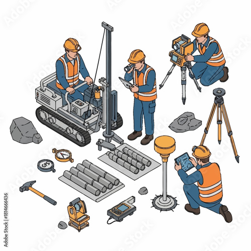 Construction Workers and Surveying Equipment Illustration.