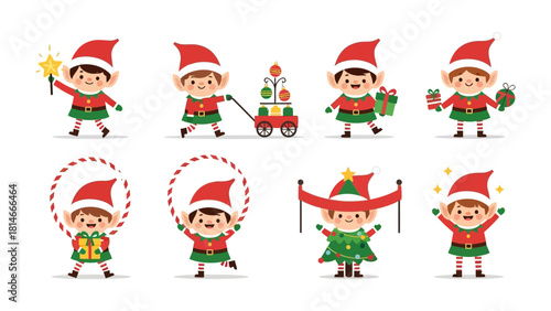 Elf Celebrations: Charming elf figures in festive attire, each showcasing a unique pose and prop, bring the holiday spirit. Capturing joyful expressions, playful scenes.