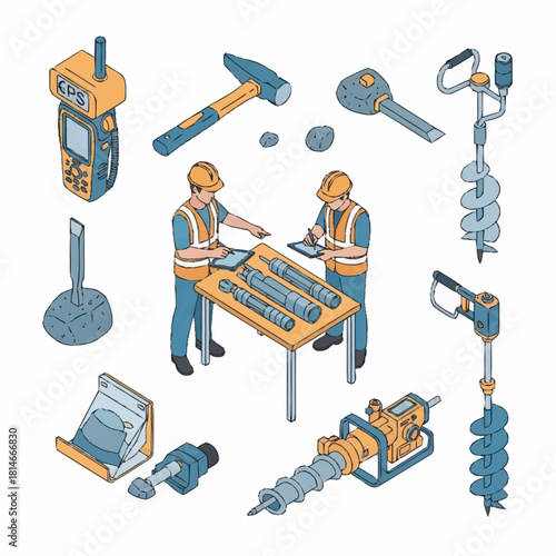 Isometric set of geological survey equipment and engineers.
