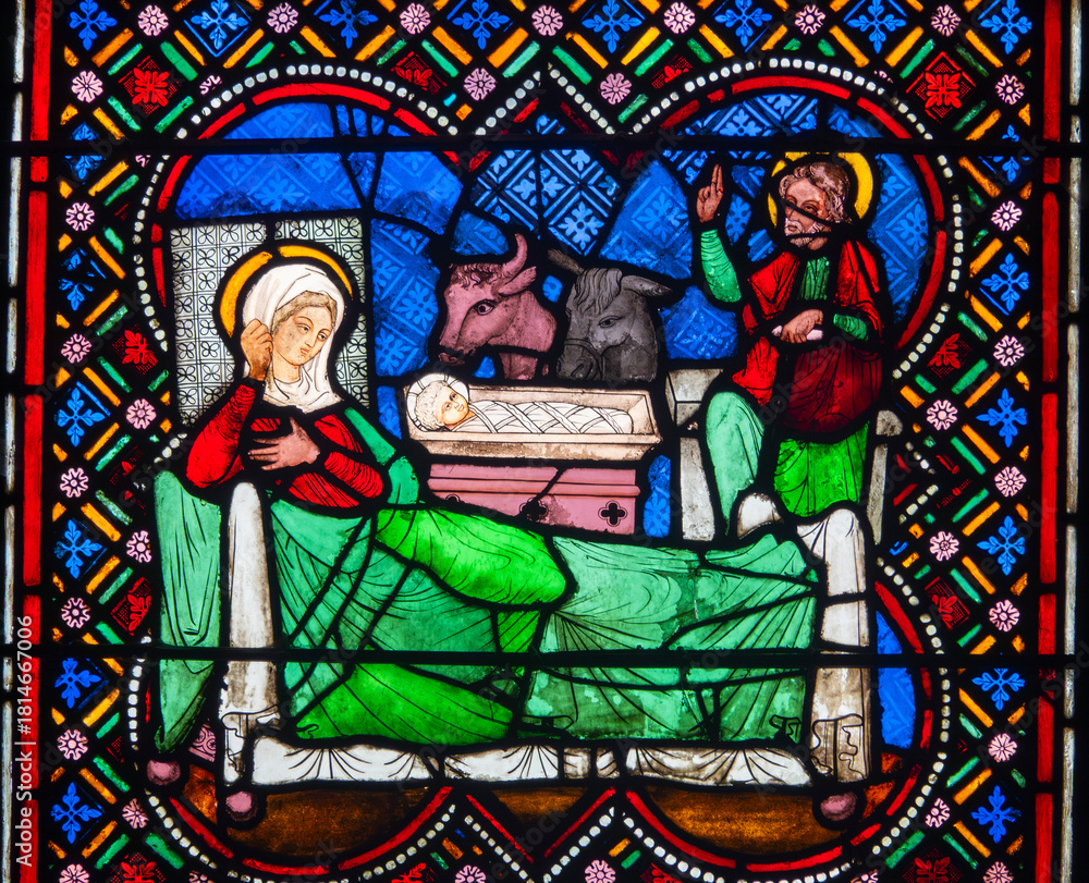 Fototapeta premium Stained glass (19th century) of Christmas Nativity Scene with Virgin Mary, Saint Joseph, and Jesus baby.